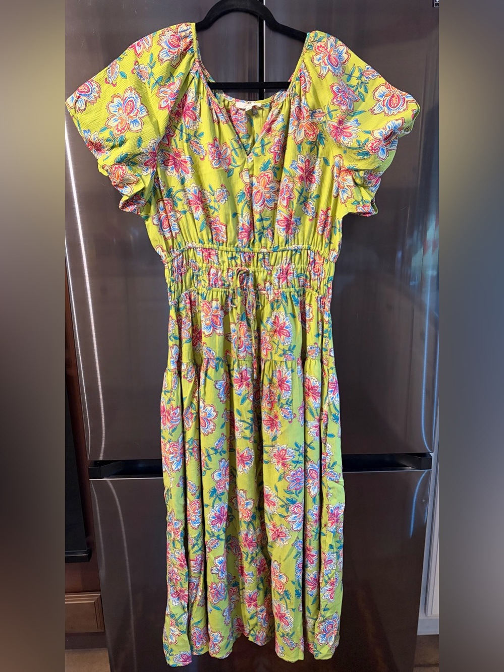 Easel Puff Sleeve Floral Smocked Waist Maxi Dress L Tropical Resortwear EUC